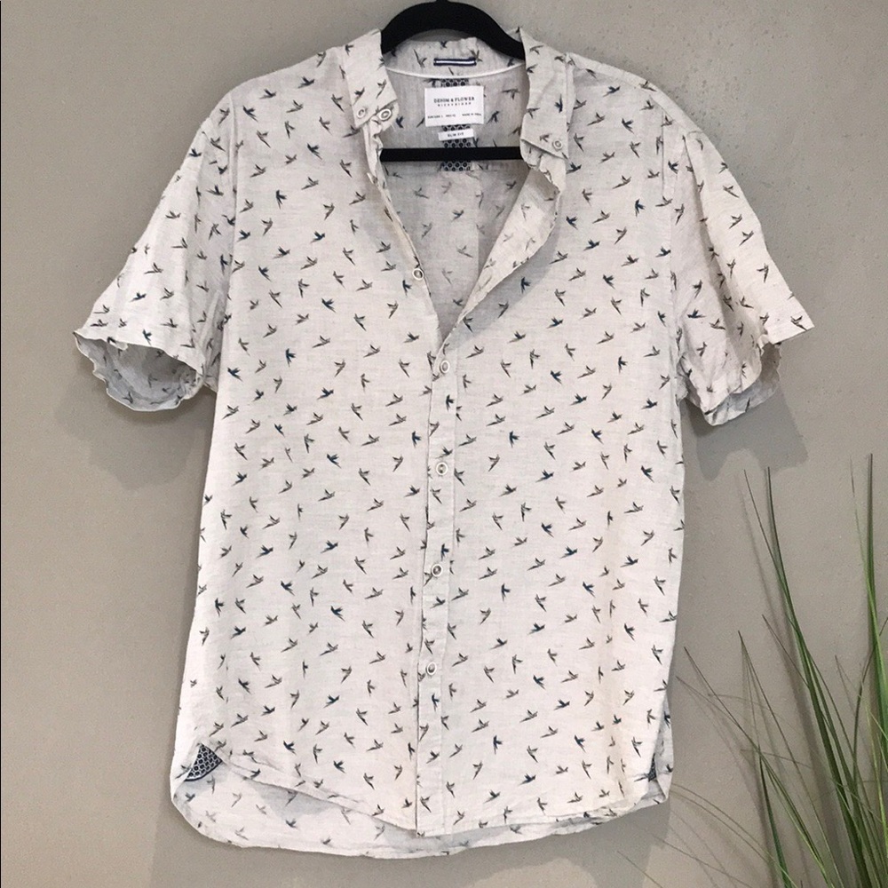 Denim And Flower Button Down Shirt Sz L
